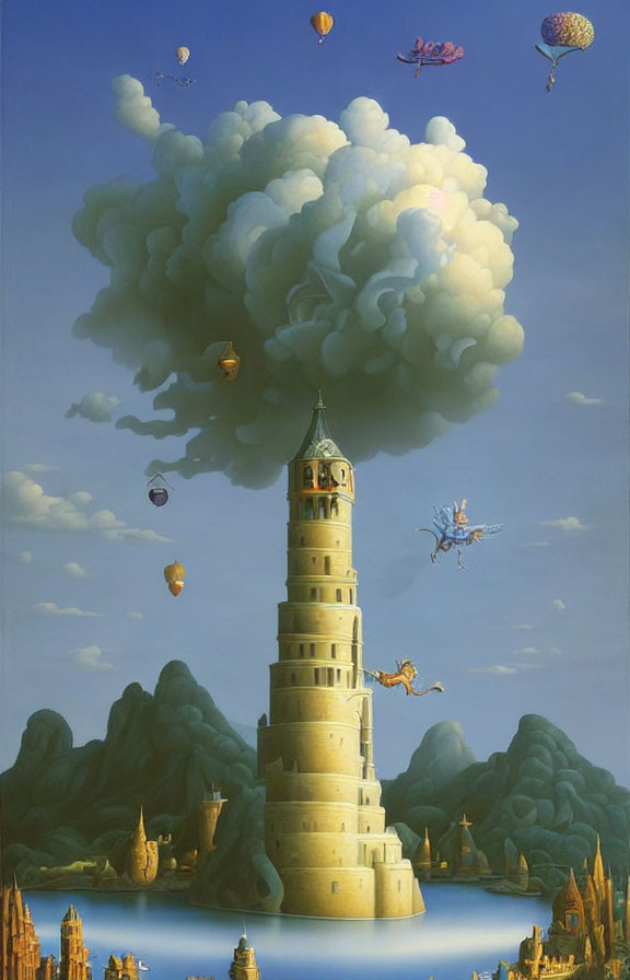 Surreal painting: Tower on island with hot air balloons & mythical creatures