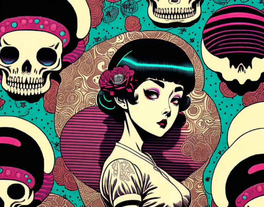 Stylized woman with flower, tattoos, colorful skulls, and psychedelic patterns