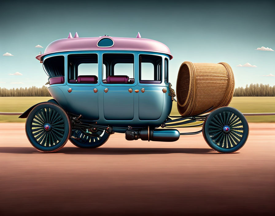 Vintage Blue Car with Oversized Wheels and Large Trunk Driving on Smooth Road