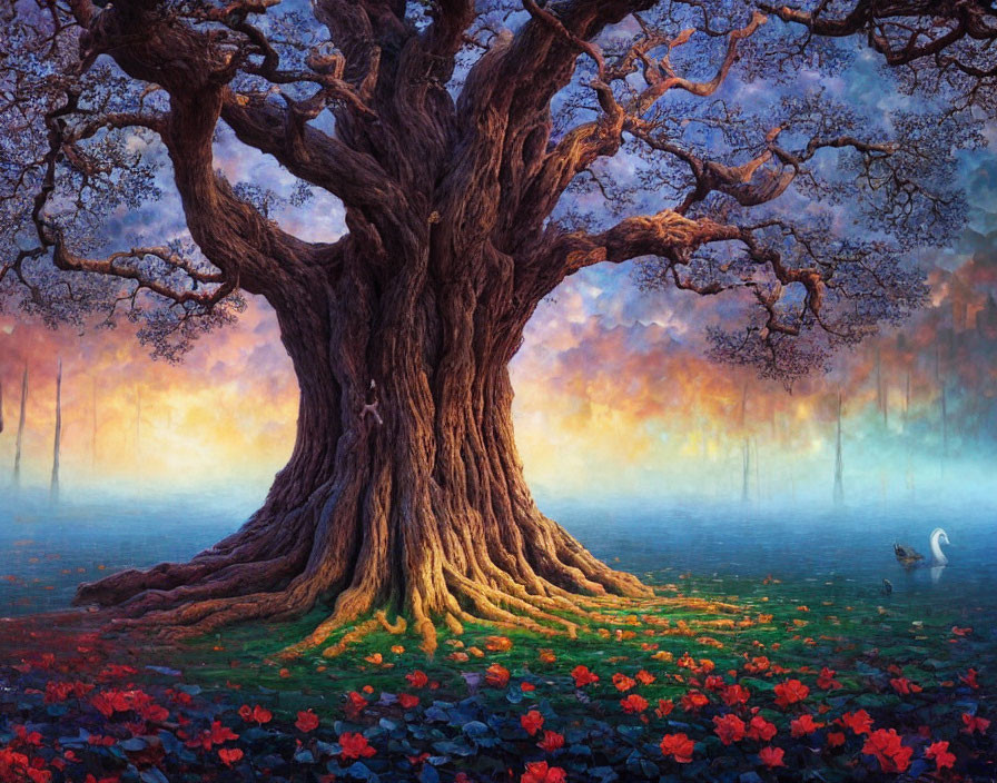 Majestic tree with expansive roots in colorful sunset scene.