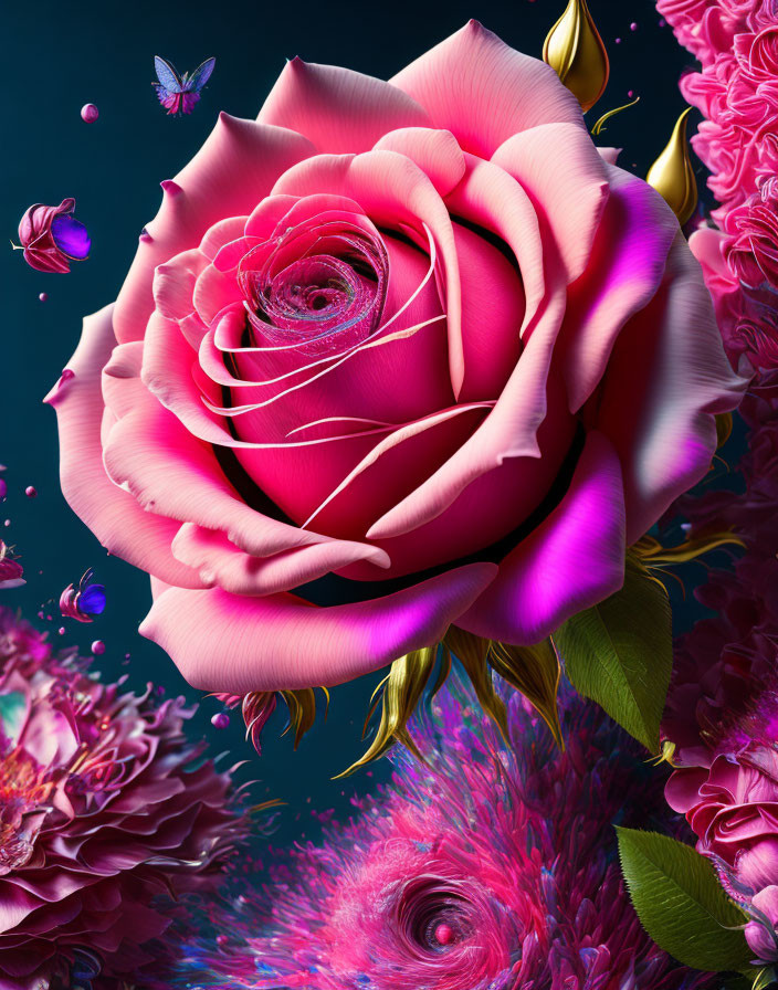 Colorful digital artwork: Large pink rose, intricate petals, smaller flowers, butterflies on dark background