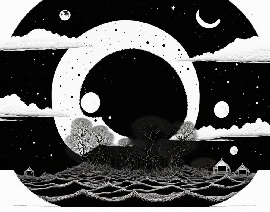 Monochromatic night scene with moon phases, stars, clouds, landscape