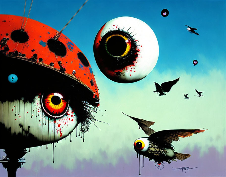 Vibrant surreal artwork: flying eyes, birds, and paint drips on blue sky