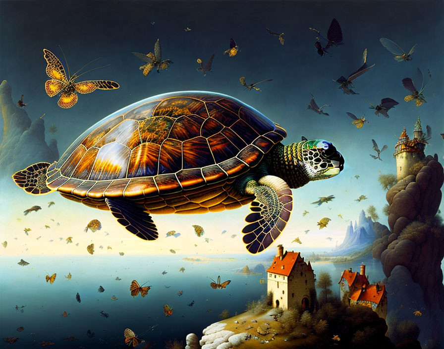 Surreal painting: Turtle with reflective shell, butterflies, castles, mountain