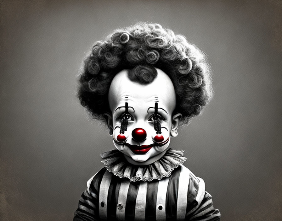 Monochrome image of person in clown makeup with ruffled collar, striped attire, and painted face.