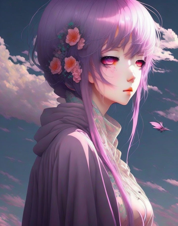 Illustrated girl with purple hair and flowers gazes under pink sky with bird in flight