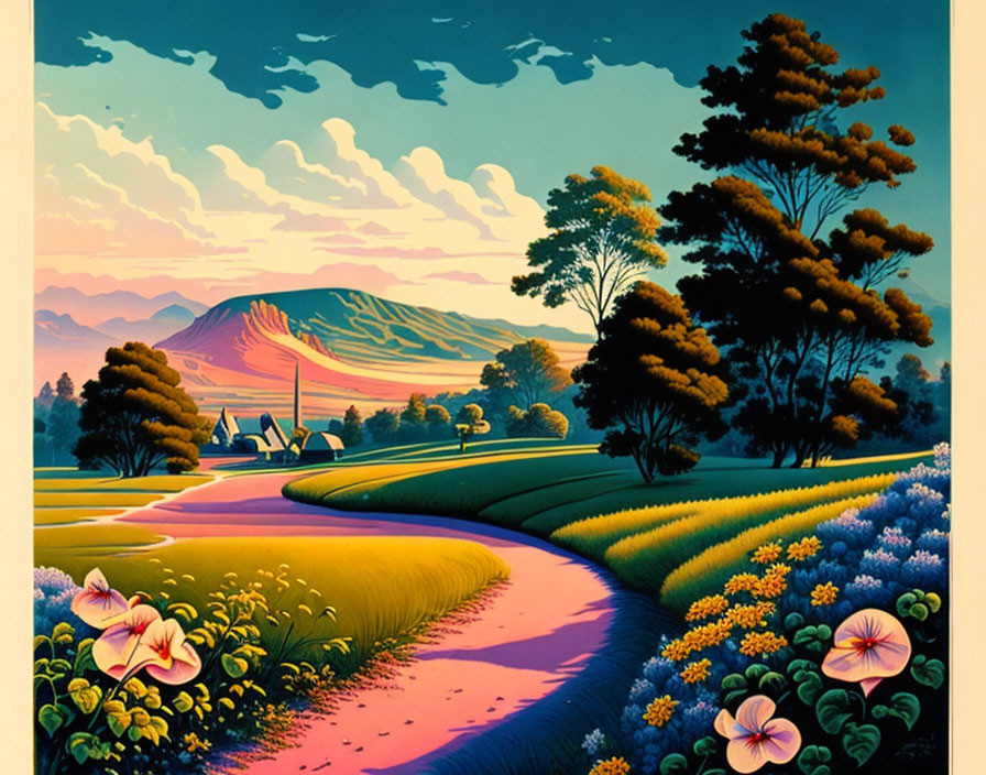 Colorful Stylized Landscape with Path & Rolling Hills