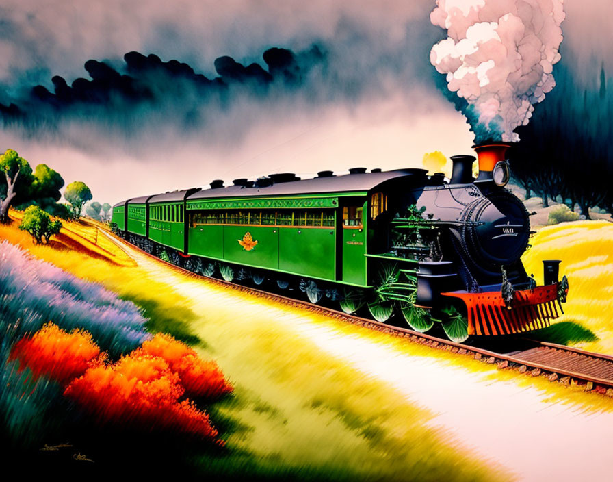 Colorful vintage steam locomotive in countryside setting.