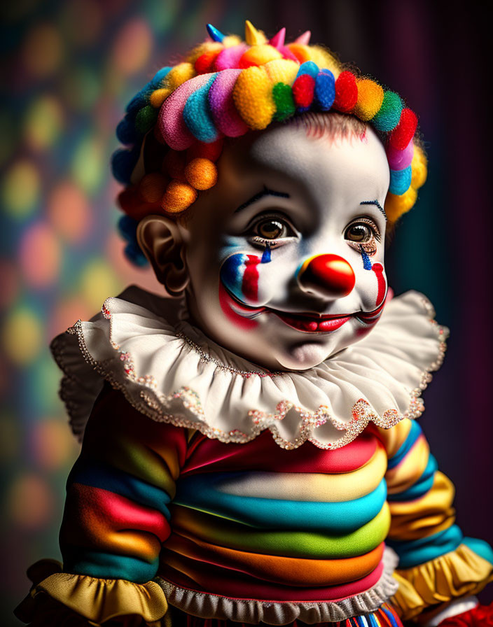 Colorful Clown Doll with Ruffled Collar and Painted Face