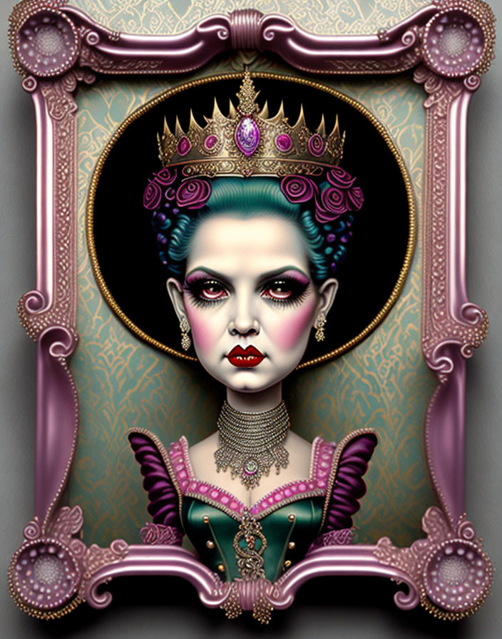 Gothic-style portrait of a woman with crown, blue hair, and striking makeup