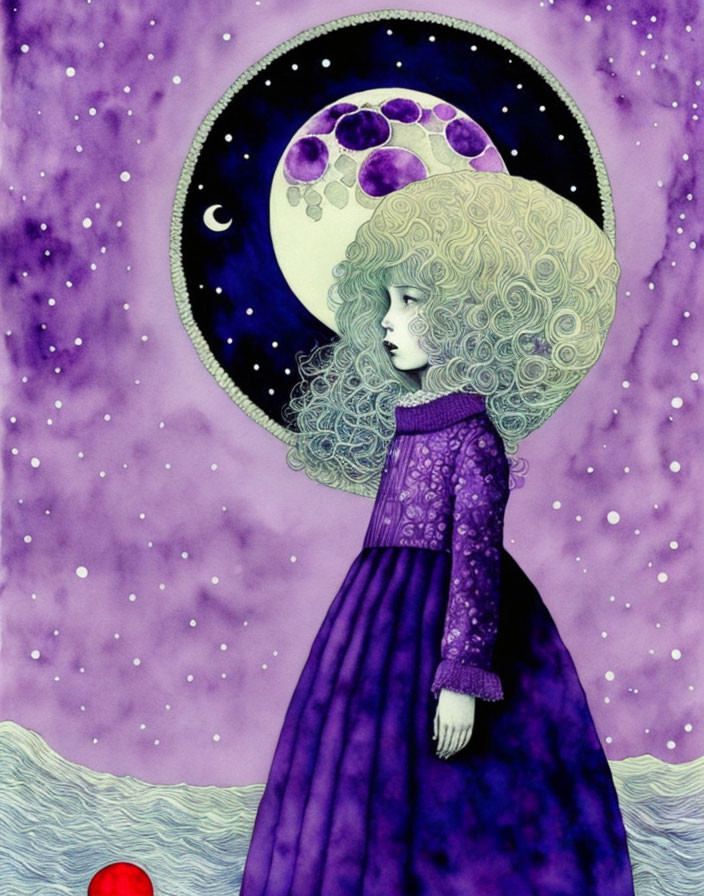 Illustration of person with curly hair in purple dress surrounded by moons and stars