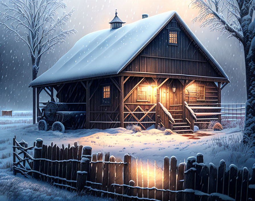 Snowy scene of cozy wooden cabin with warm interior lights