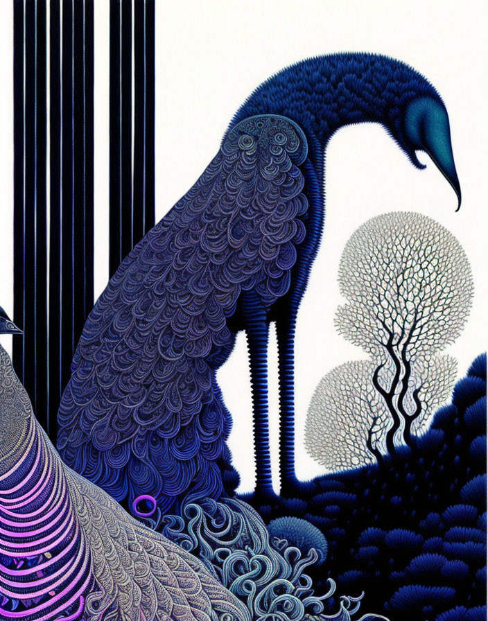 Stylized peacock illustration in blue hues with intricate patterns against surreal tree and vertical lines