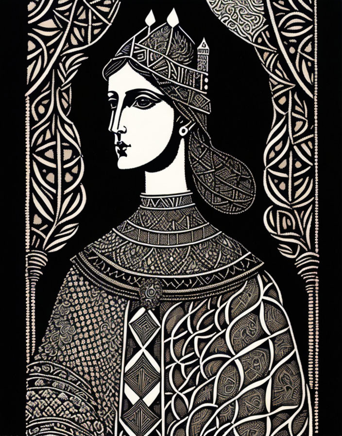 Regal woman with crown in black and white illustration