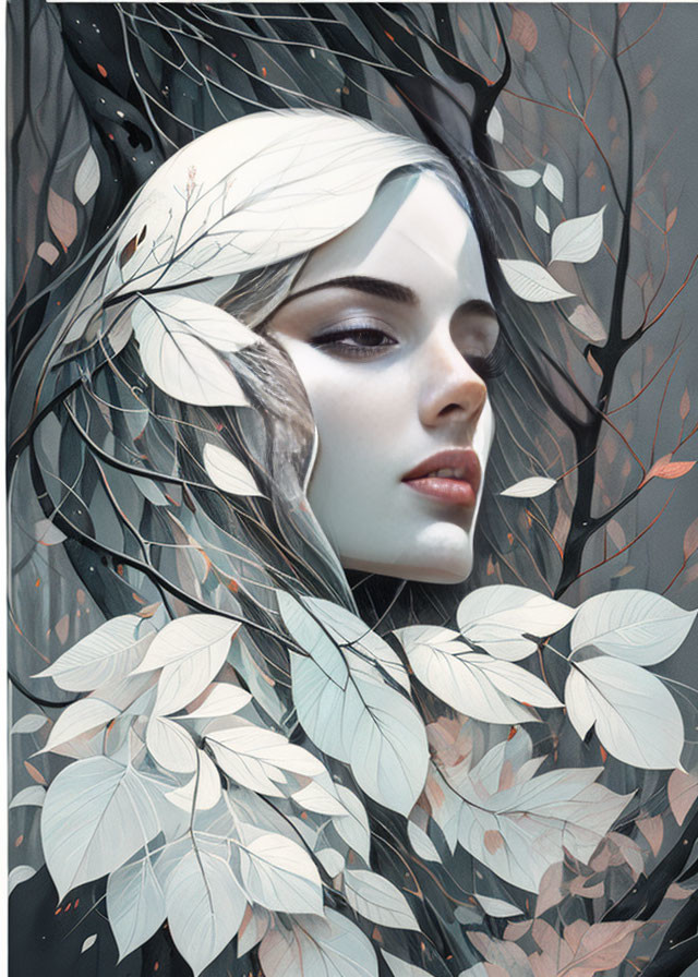 Surreal portrait of woman's face blending with branches and leaves