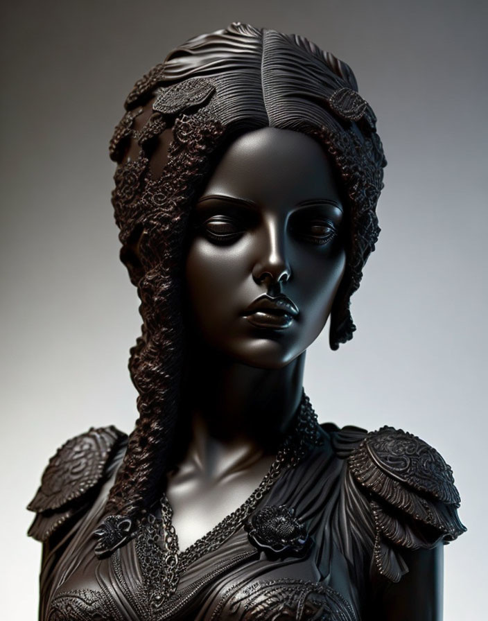 Detailed Black Mannequin Bust with Elegant Headdress and Textured Garment