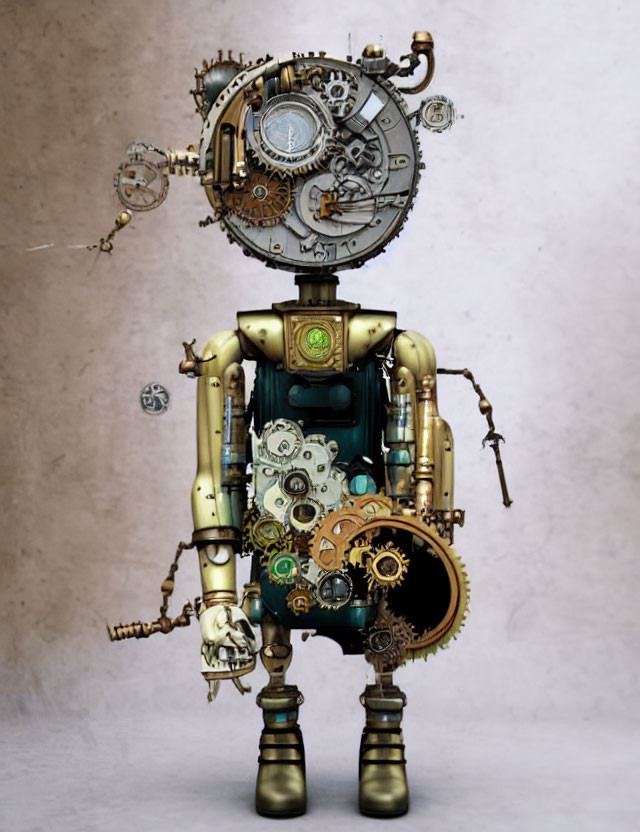 Steampunk-style robot with intricate gears and clock face.