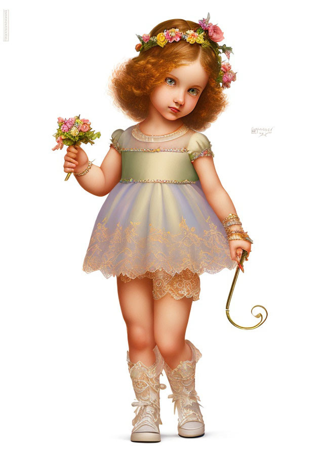 Digital illustration of young girl with curly hair in flower crown, lace dress, boots, holding flowers and