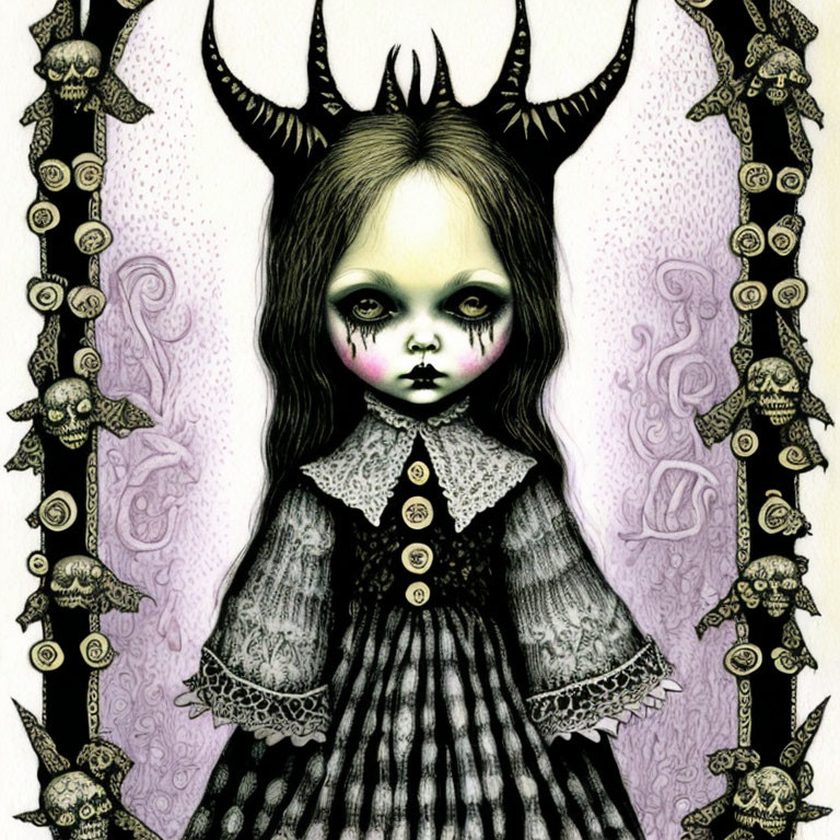 Gothic girl with antlers, skull turtles, and symmetrical design.