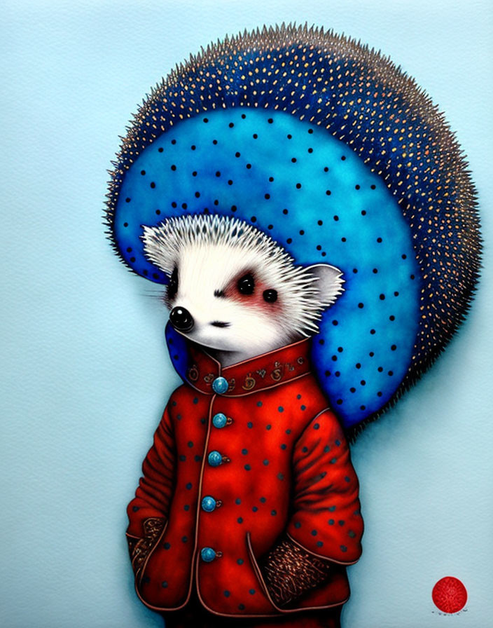 Whimsical creature with hedgehog spines & panda face in red coat on blue background