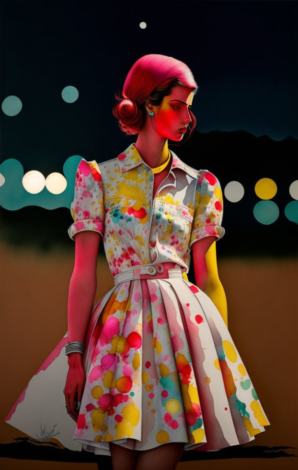 Illustration of woman with pink hair in floral dress on dark background