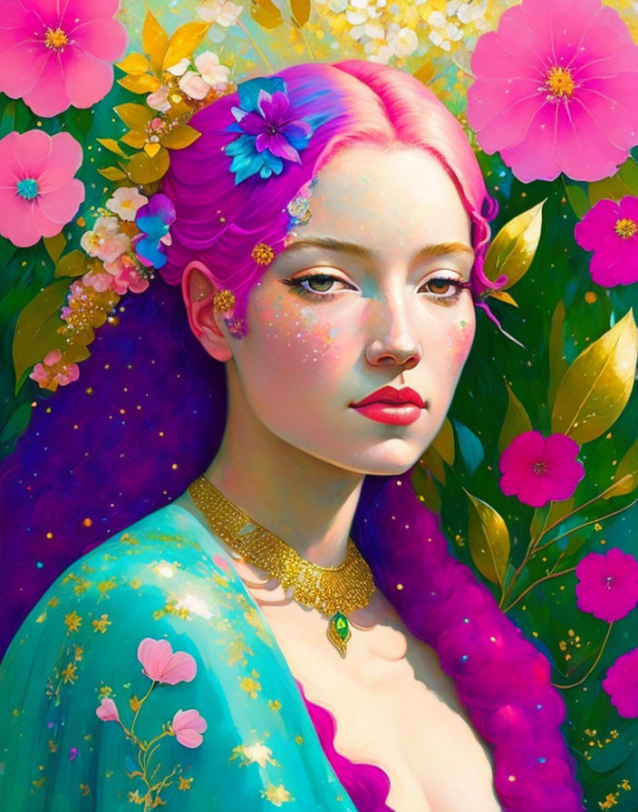 Vibrant illustration of woman with pink hair in floral setting