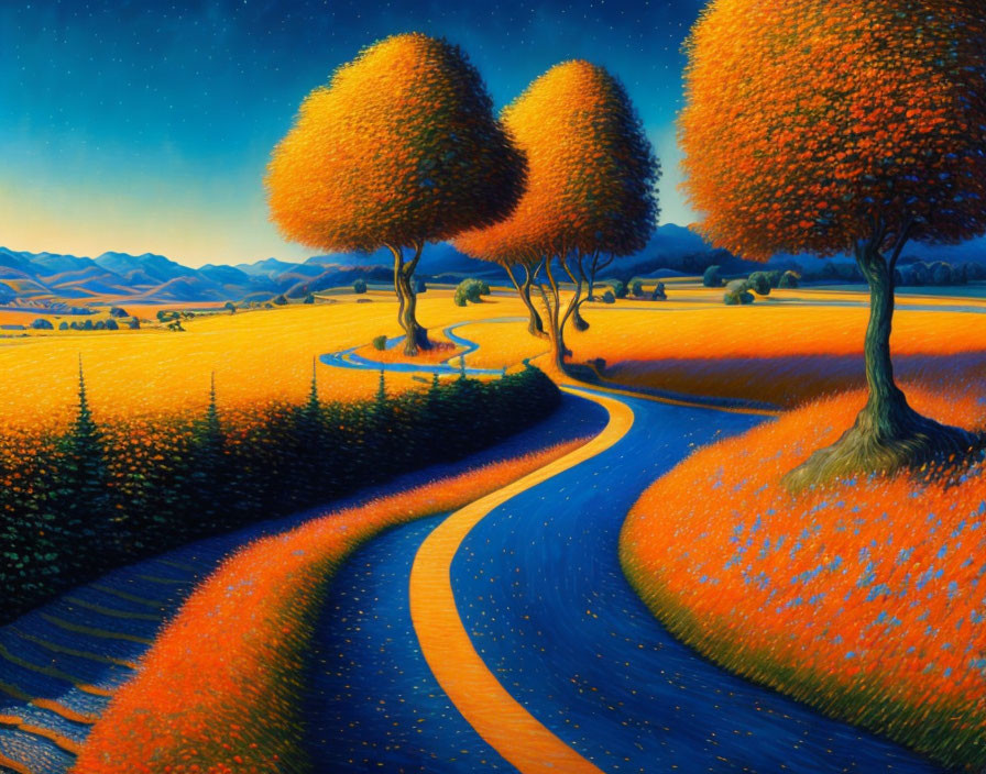 Colorful painting of winding path in surreal landscape with orange-tree canopies and blue road under twilight sky