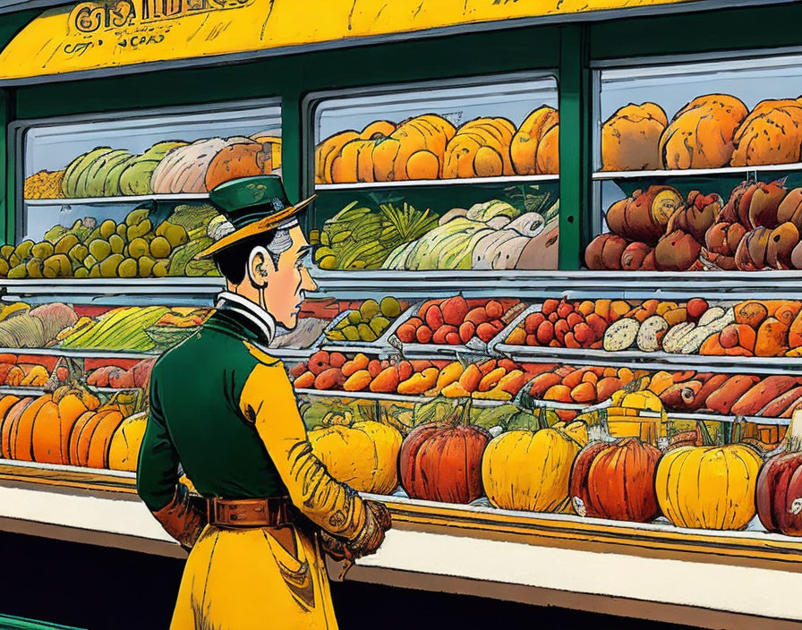 Train conductor views colorful pumpkins and fruits at market stall