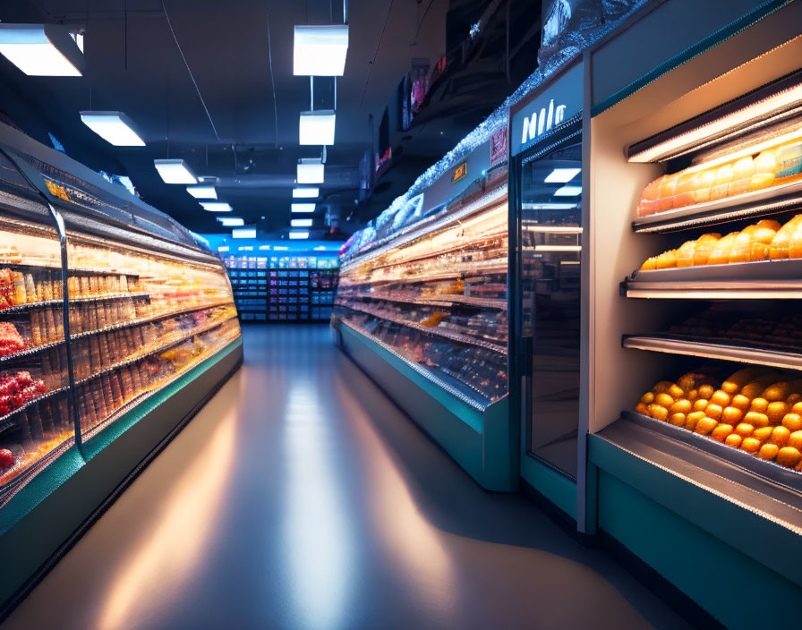 Brightly-lit supermarket aisle with fresh produce on refrigerated shelves