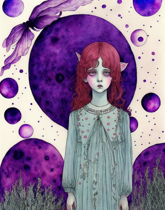 Fantasy illustration of red-haired girl with pointed ears in mystical setting