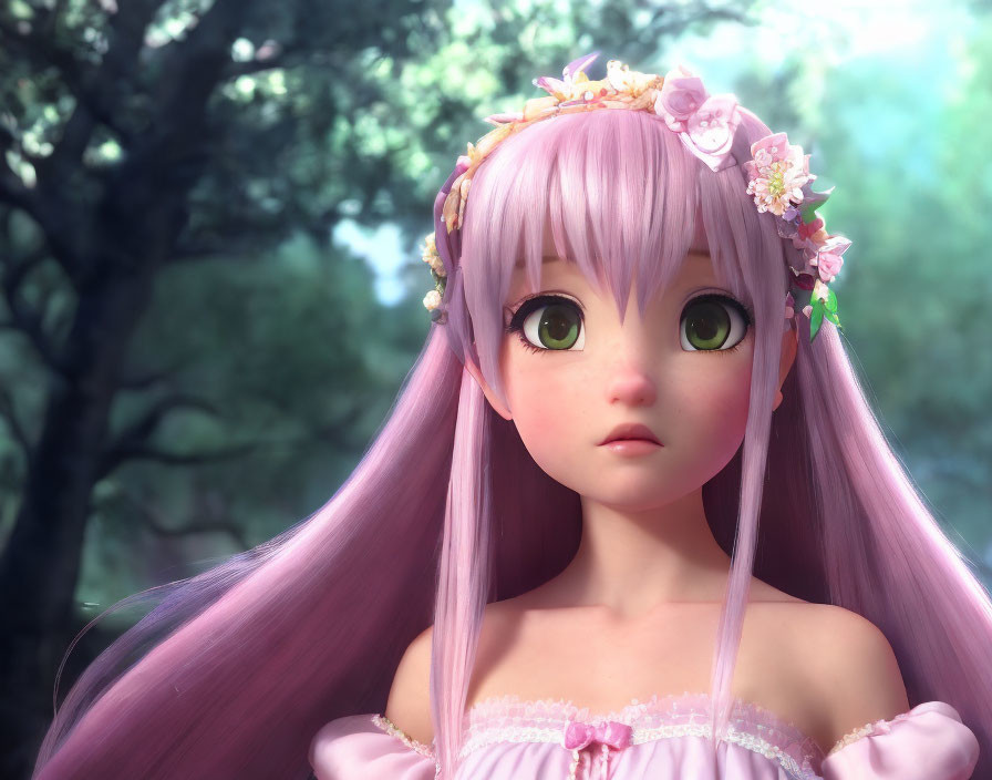 Girl with Pastel Pink Hair and Floral Headpiece in 3D Woodland Scene