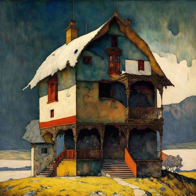 Vibrant painting of a snow-covered two-story house with red windows and an orange kayak.