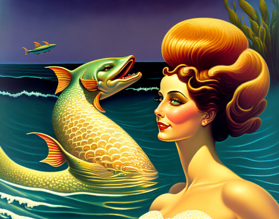 Stylized image of woman with large hair and fish leaping from ocean