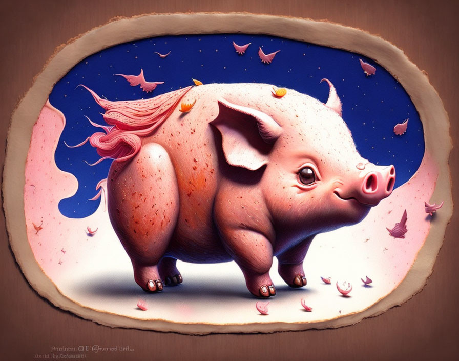 Whimsical pink pig with long tail, butterflies, starry sky in oval frame