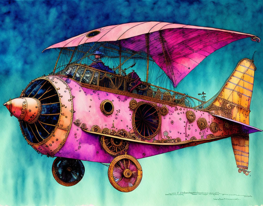 Colorful illustration of fantastical flying machine with purple wings and intricate detailing on blue gradient background