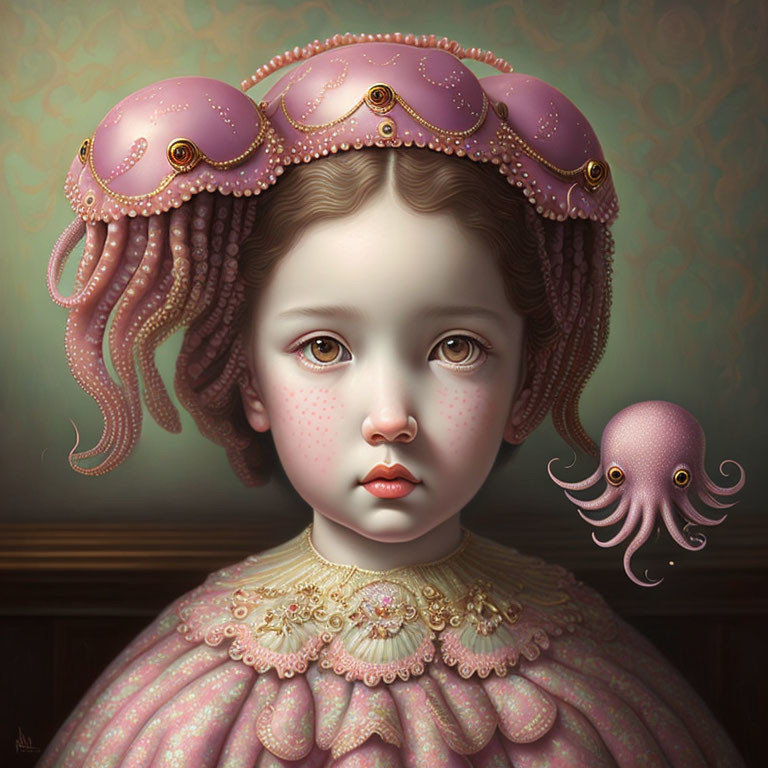 Victorian girl portrait with pink octopus hat and tiny companion