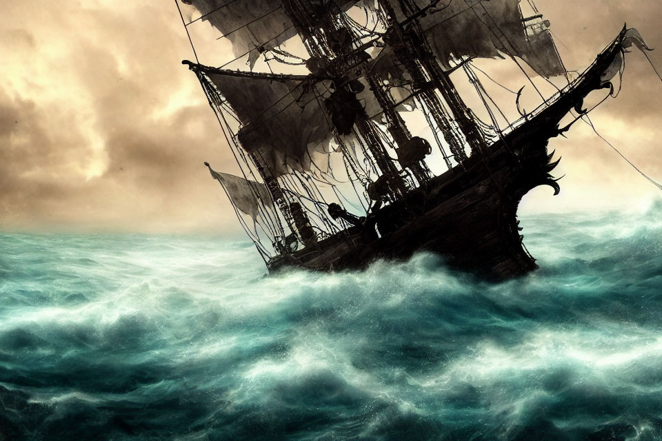 Vintage ship sailing through stormy sea waves.