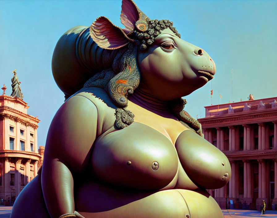 Giant inflatable ram-human female sculpture in ornate jewelry at grand square