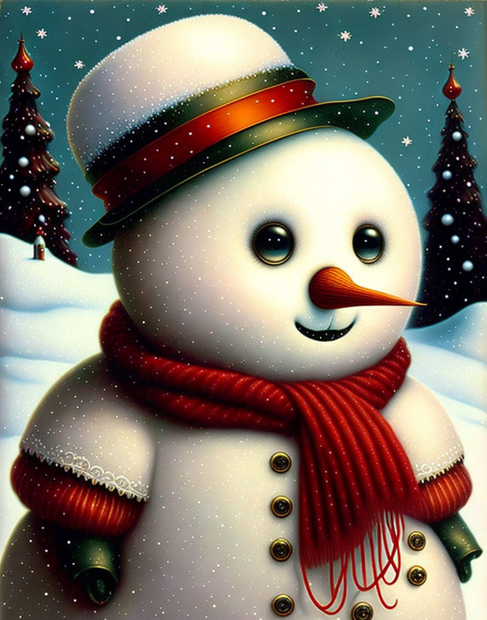 Snowman with carrot nose, striped hat, and red scarf in snowy scene