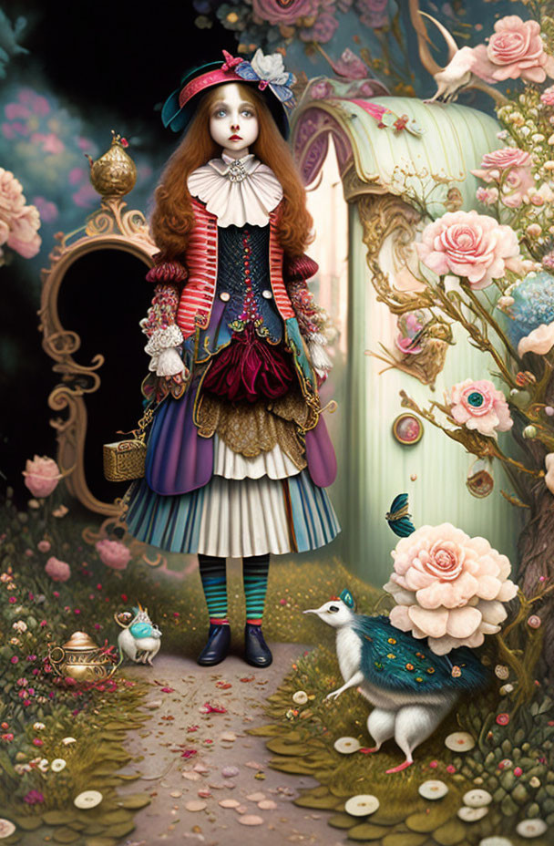 Colorful Victorian-inspired doll with peacock, mirror, roses, and teapot