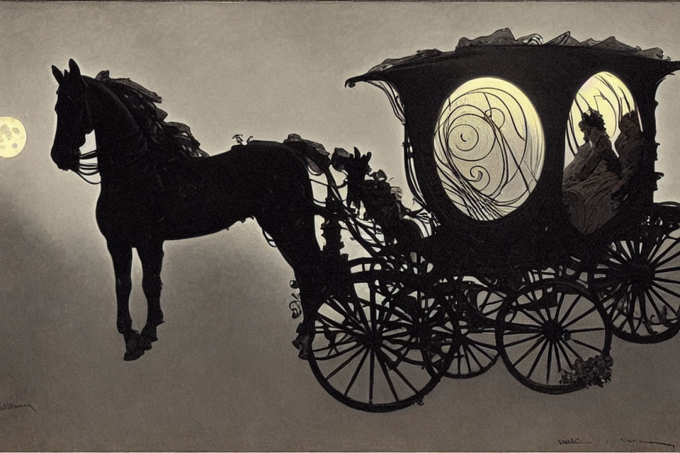 Moonlit Night Sky Horse-Drawn Carriage Silhouette with Detailed Spokes