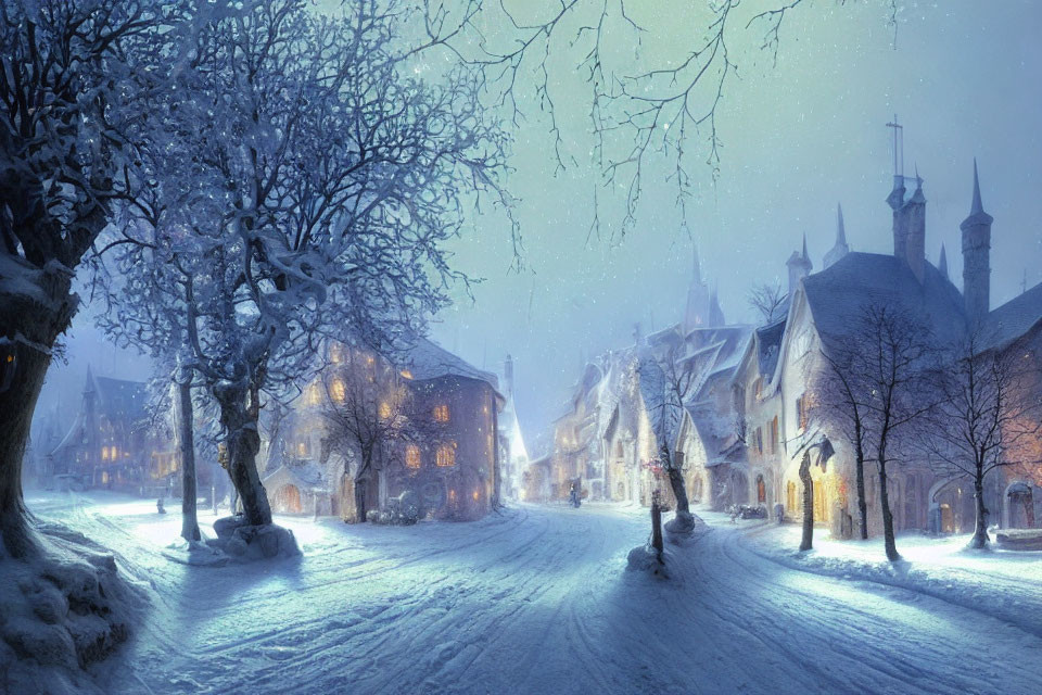 Snow-covered streets and historical buildings on a serene winter night