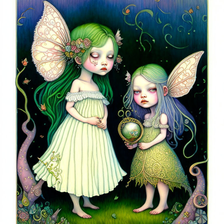 Whimsical fairy girls with butterfly wings in green and yellow amidst magical glowing flora