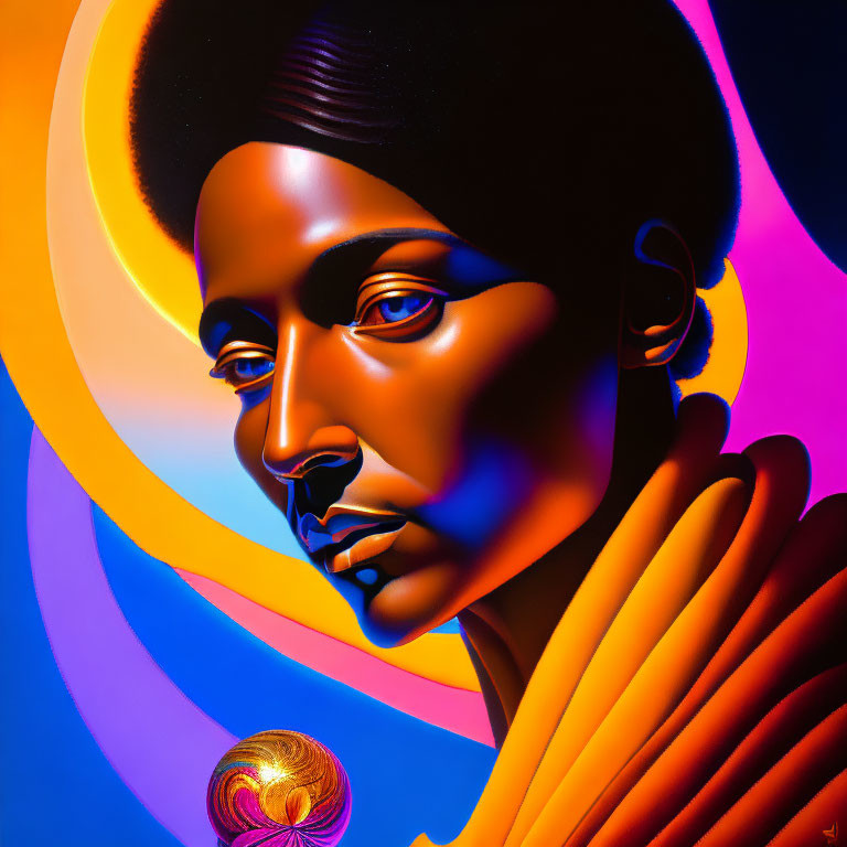 Colorful portrait with unique facial features against concentric circles and glowing orb