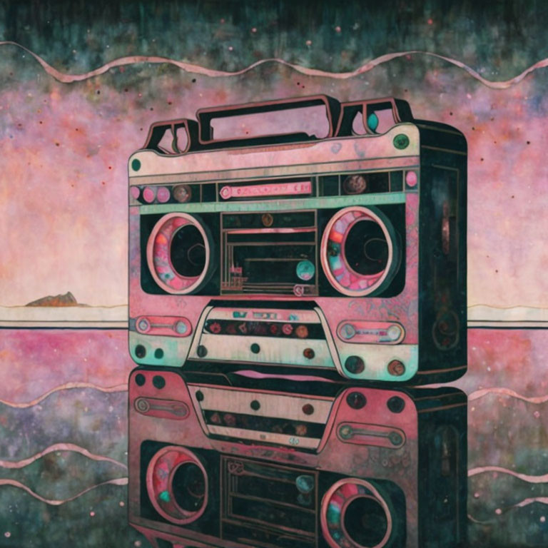 Illustrated retro boombox on cosmic star-speckled background