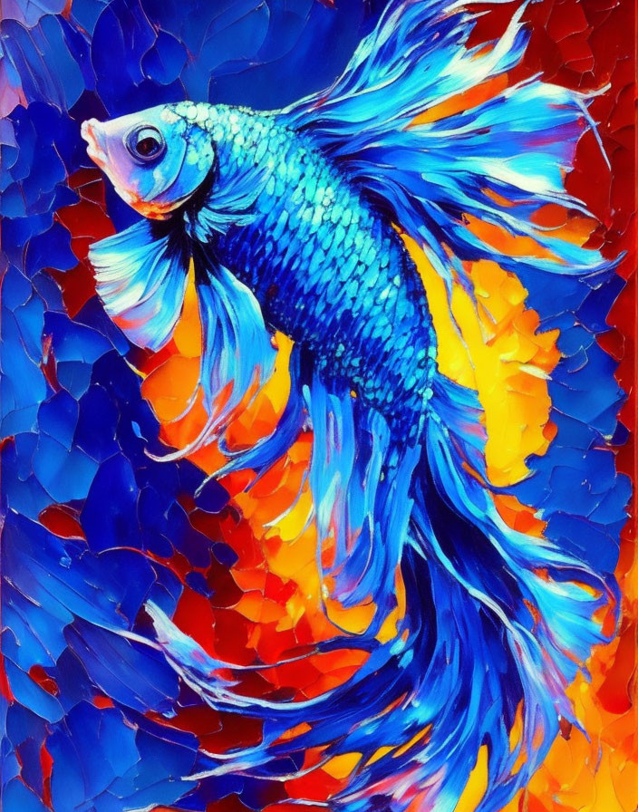 Colorful Betta Fish Painting on Red and Orange Background