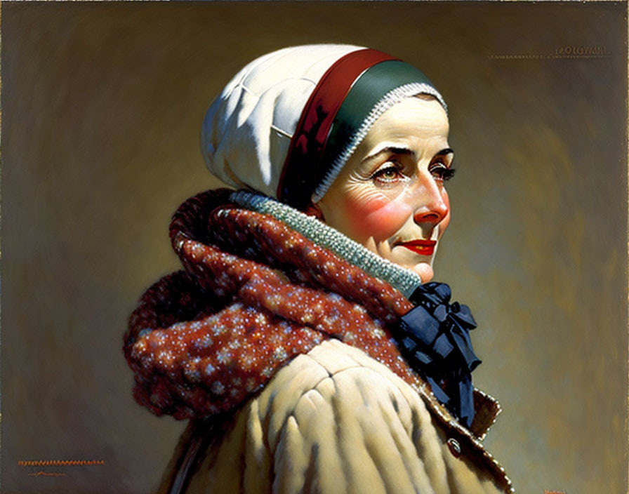 Vintage Painting of Woman in Profile with White Headscarf & Earmuffs