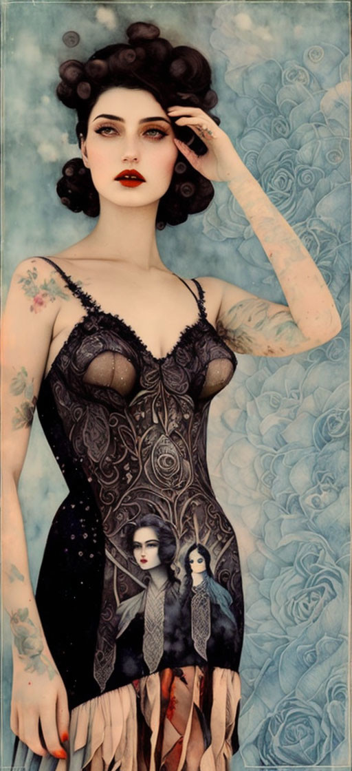 Stylized portrait of woman with ornate attire and tattoos in vintage fantasy setting