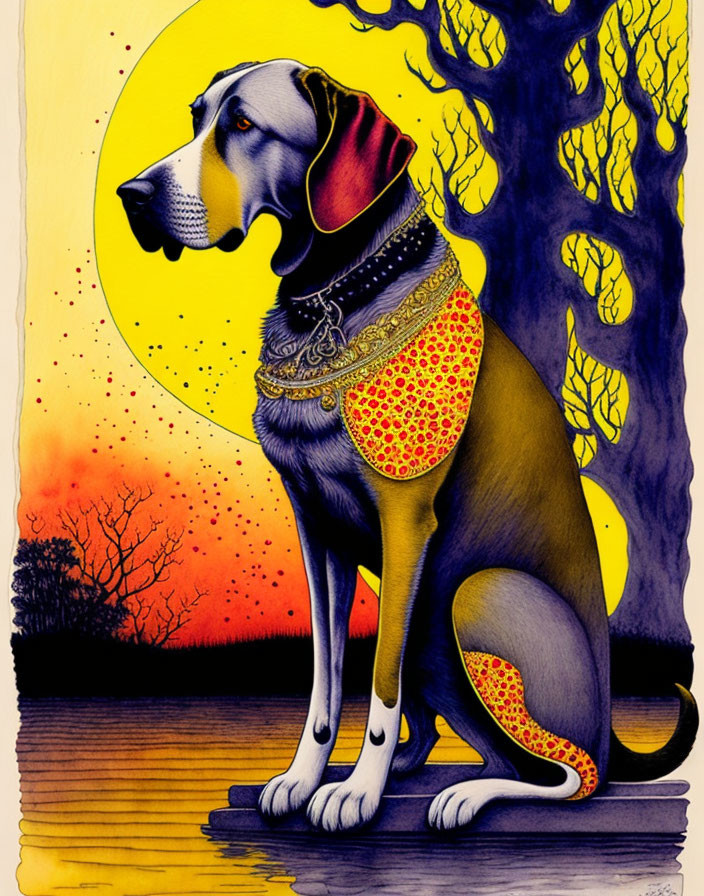 Stylized seated dog with yellow and red patterns in nature scene