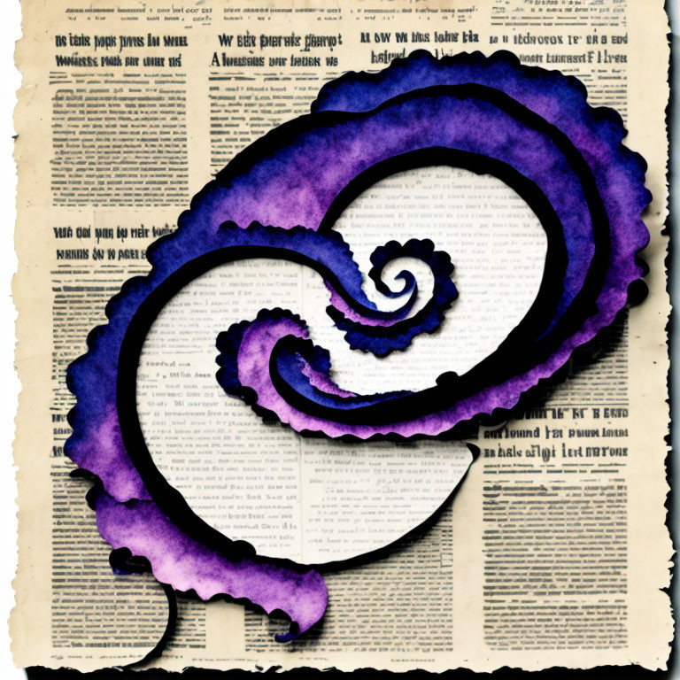 Purple ink blot swirls over sepia newspaper text